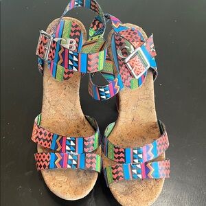 Colorful Patterned Cork Wedge Sandals - Women